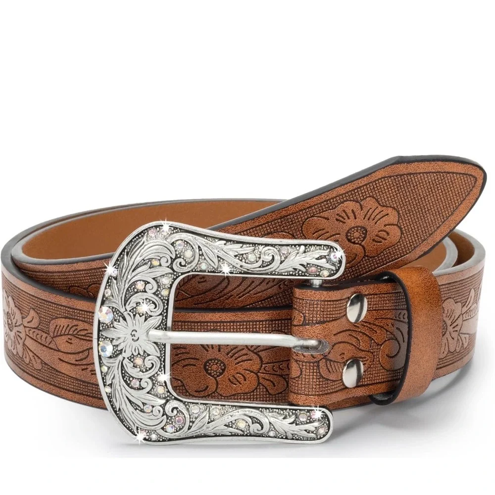 Womens Western Floral Embossed Brown Belt Rhinestone Silver Buckle Cowboy Style